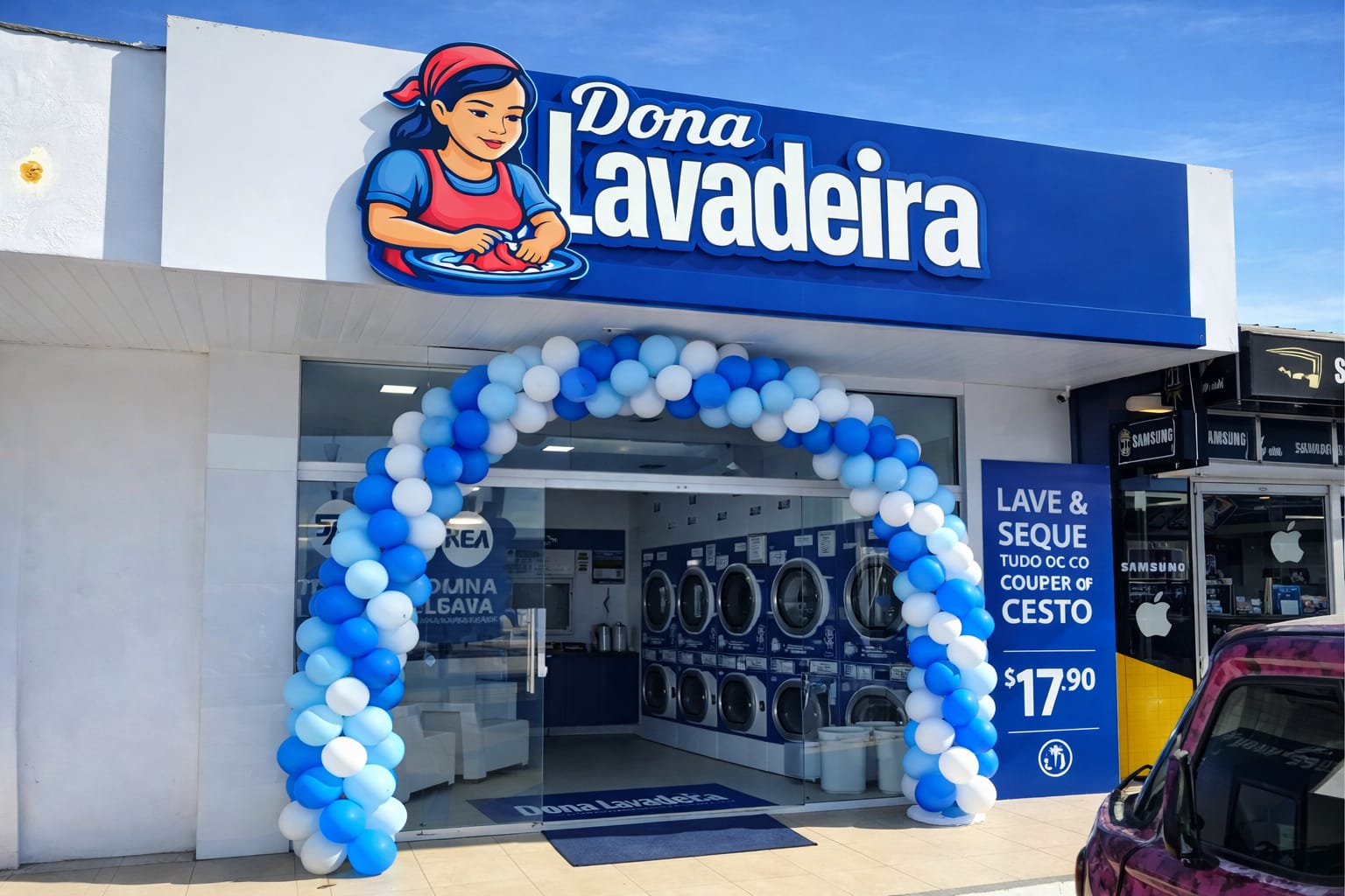 Fachada Dona Lavadeira com arco de baloes azuis e brancos